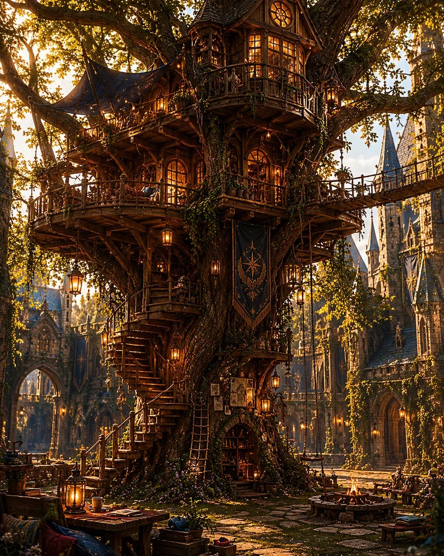 The Hero’s treehouse glowing with lantern light in an ancient tree among the castle towers