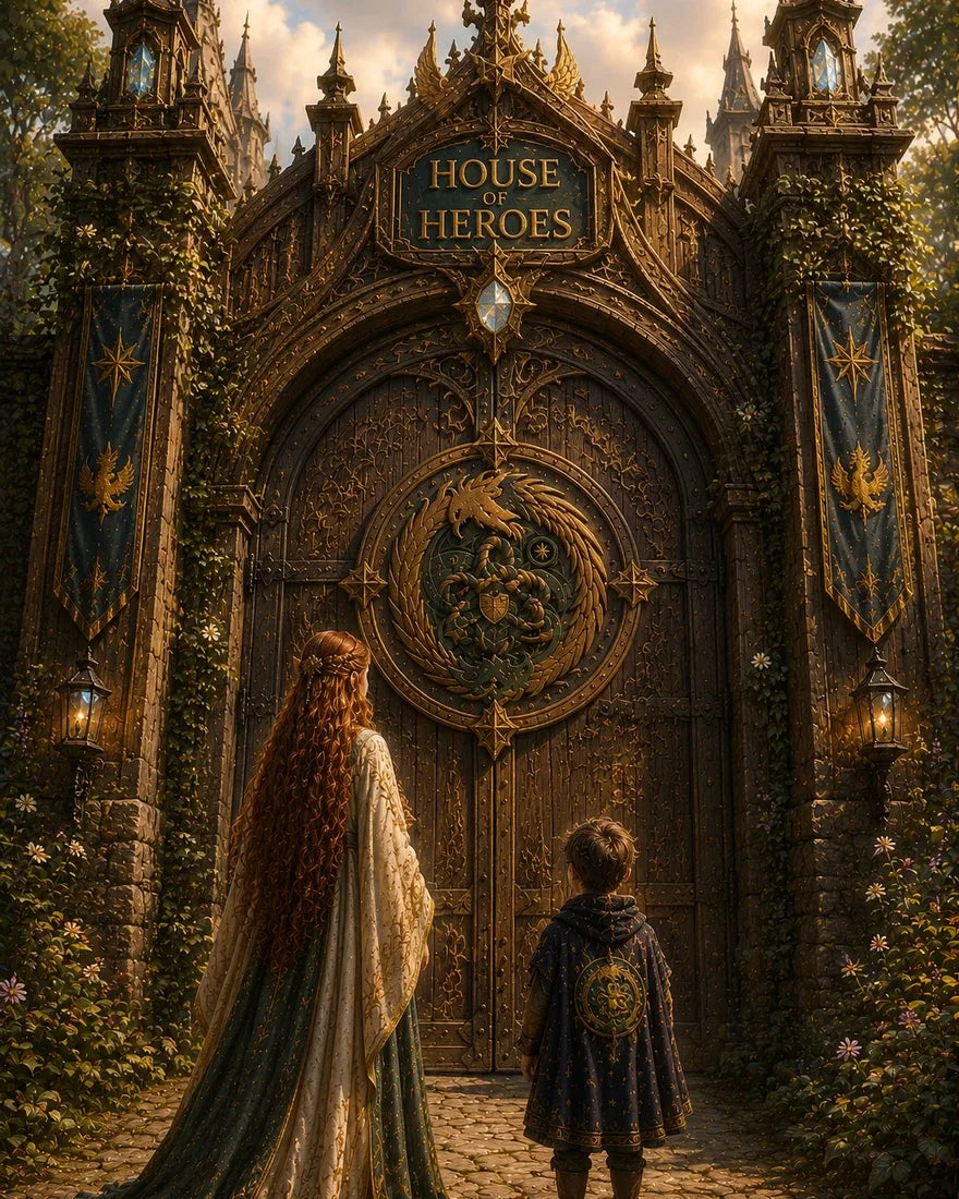 Gaia and the Hero, seen from behind, stand before the great carved gates of the House of Heroes
