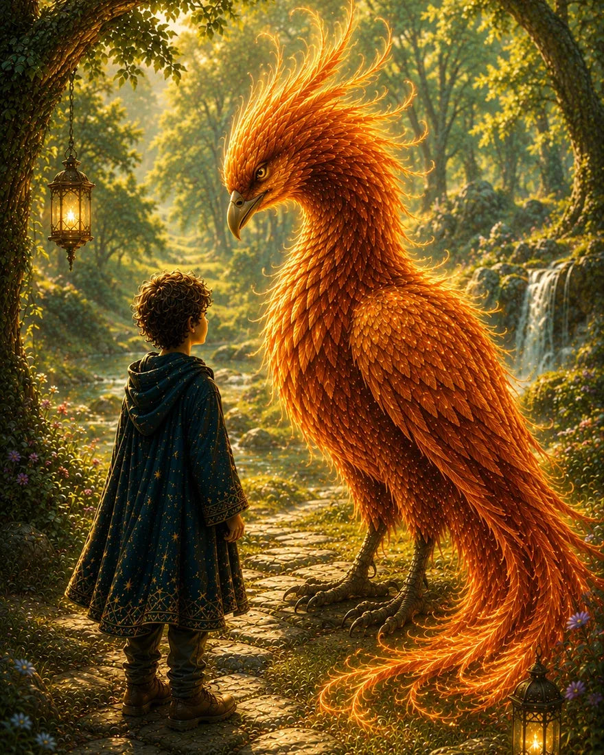 The Hero in a starry blue cloak stands face to face with a glowing golden phoenix on a forest path lit by lanterns