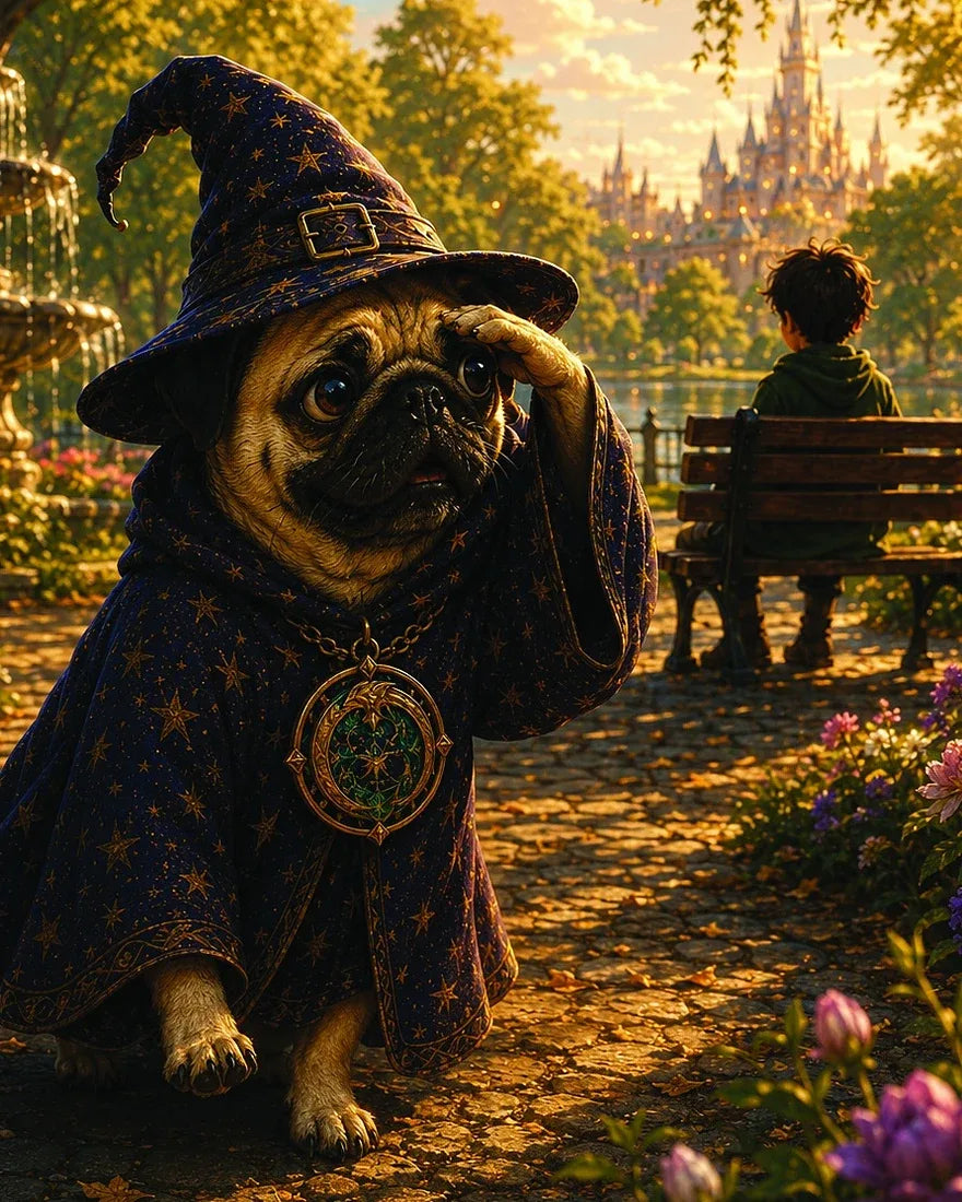 Chester the Wizard, a pug in a starry purple hat and cloak, peers across a sunny park toward a child sitting on a bench, with a castle in the distance
