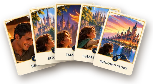 The five Living Story System stage cards: Read, Engage, Imagine, Challenge and Ongoing Story
