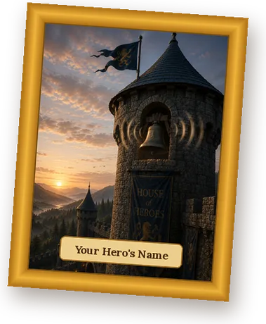 A framed House of Heroes artwork of the watchtower bell ringing at sunrise, with a name plaque
