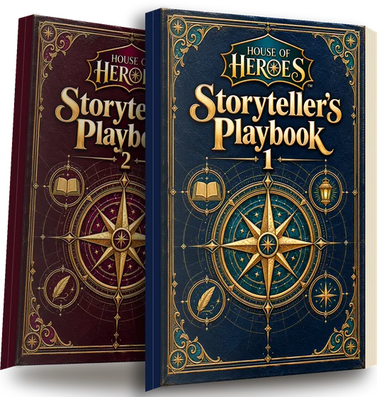 Storyteller’s Playbook 1 in navy and Playbook 2 in crimson, both with gold compass-star covers