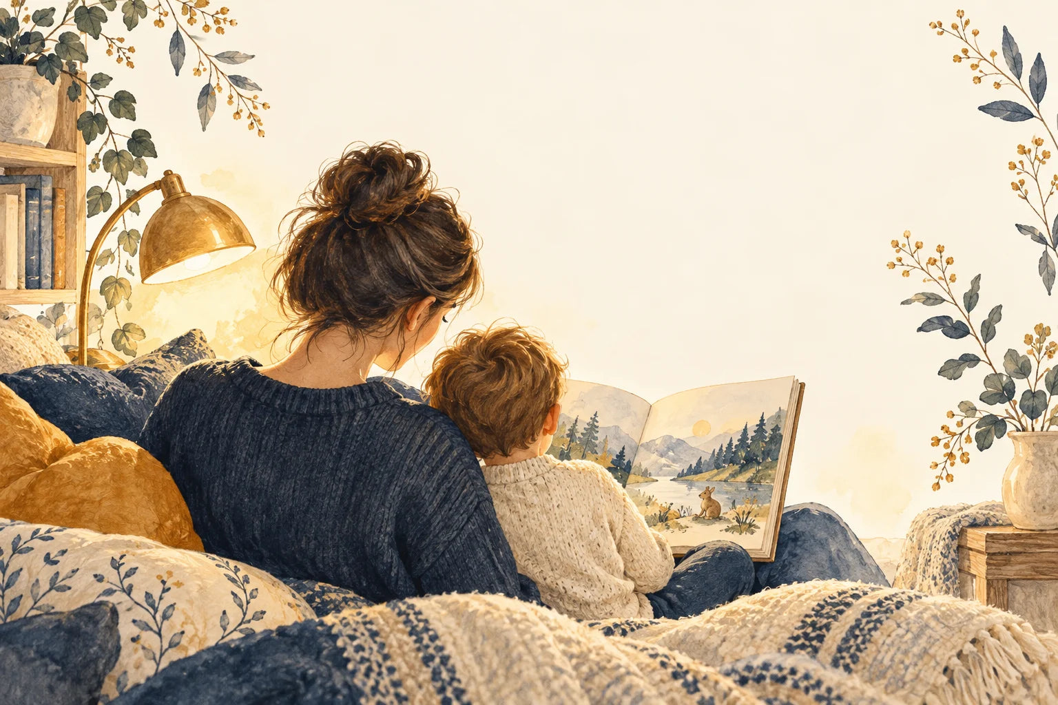 A softly painted parent and child sitting together in a cozy reading nook with an open book.