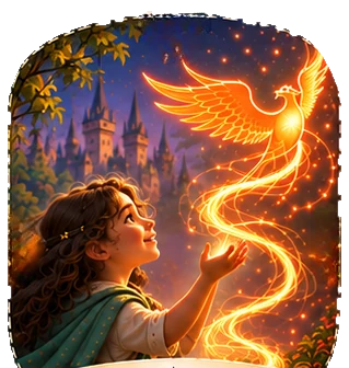 The Hero imagining a glowing phoenix that rises into the world