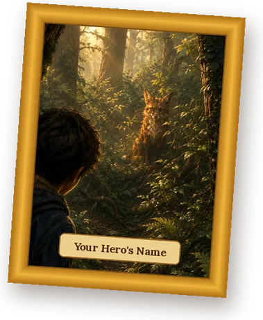 A framed House of Heroes artwork of the Hero meeting a watchful fox in the woods, with a name plaque