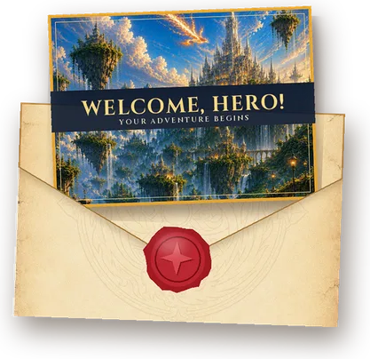 A Welcome, Hero! card rising from a parchment envelope with a red wax seal