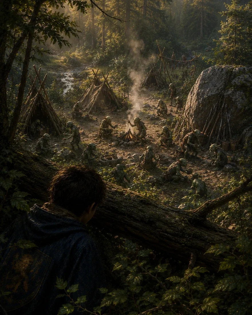 Hidden behind a fallen log, the Hero watches goblins gathered around a campfire in the woods