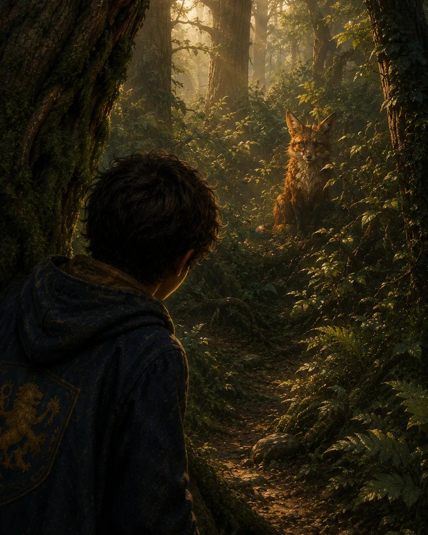 The Hero in a starry cloak spots a watchful fox sitting quietly on a sunlit forest path