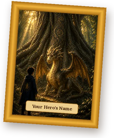 A framed House of Heroes artwork of the Hero beside a golden dragon under the glowing ancient tree, with a name plaque