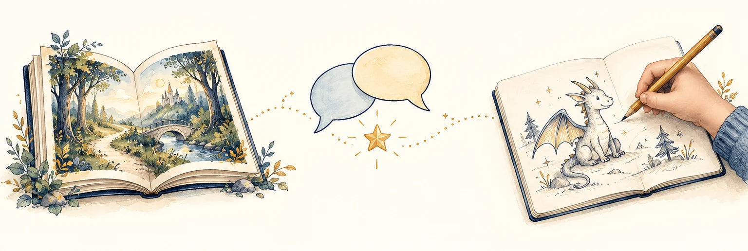 Illustration: an open storybook, two speech bubbles with a small star, and a child’s hand drawing a friendly dragon in a journal, linked by a dotted line.