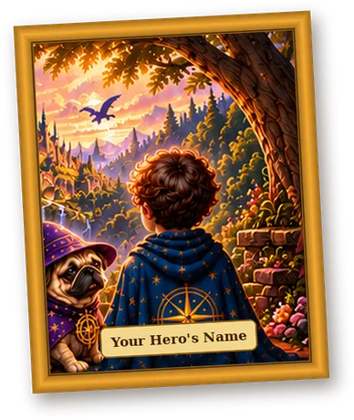 A framed House of Heroes artwork of the Hero seen from behind, with a name plaque