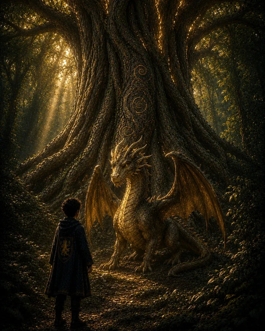 A golden dragon rests beneath the ancient tree as the Hero watches quietly from the path