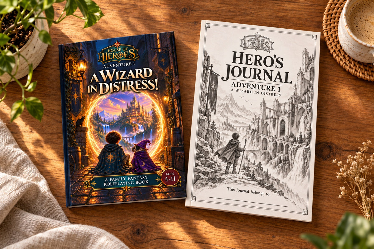 The Adventure 1 book, A Wizard In Distress!, beside its Hero's Journal on a wooden table