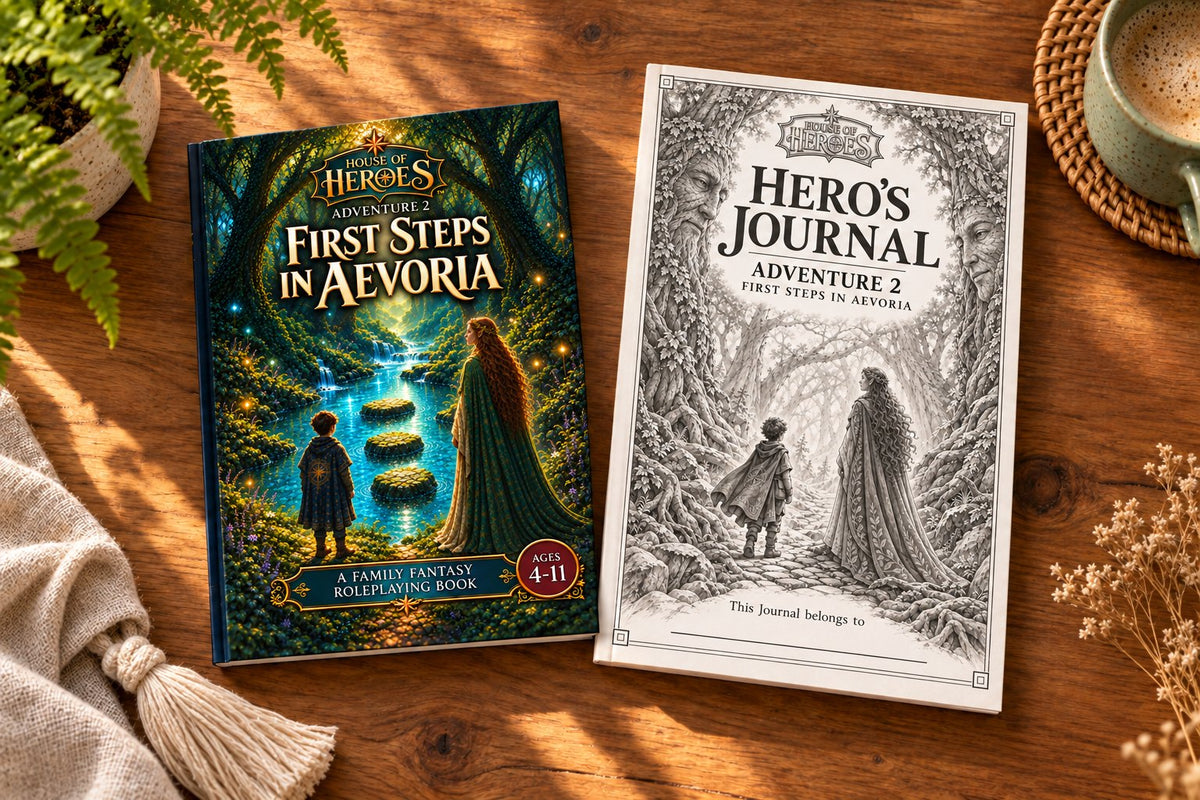 The Adventure 2 book, First Steps in Aevoria, beside its Hero’s Journal on a wooden table