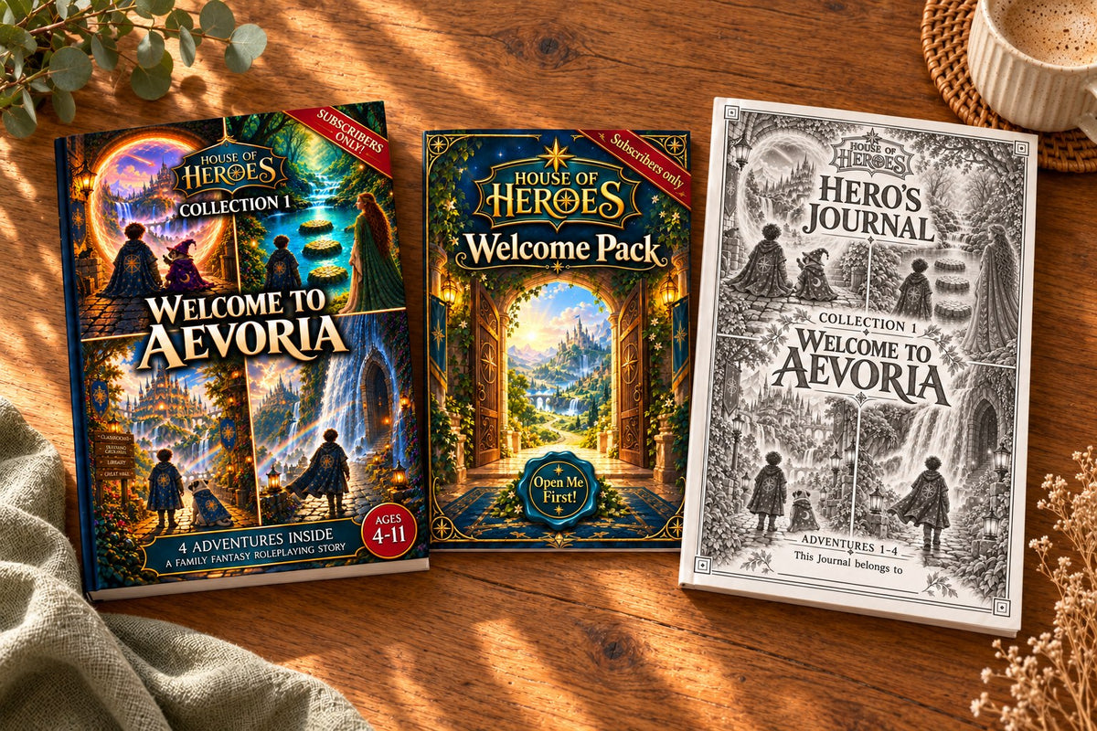 The subscriber edition of Welcome to Aevoria, the Welcome Pack and the Hero’s Journal on a sunlit wooden table