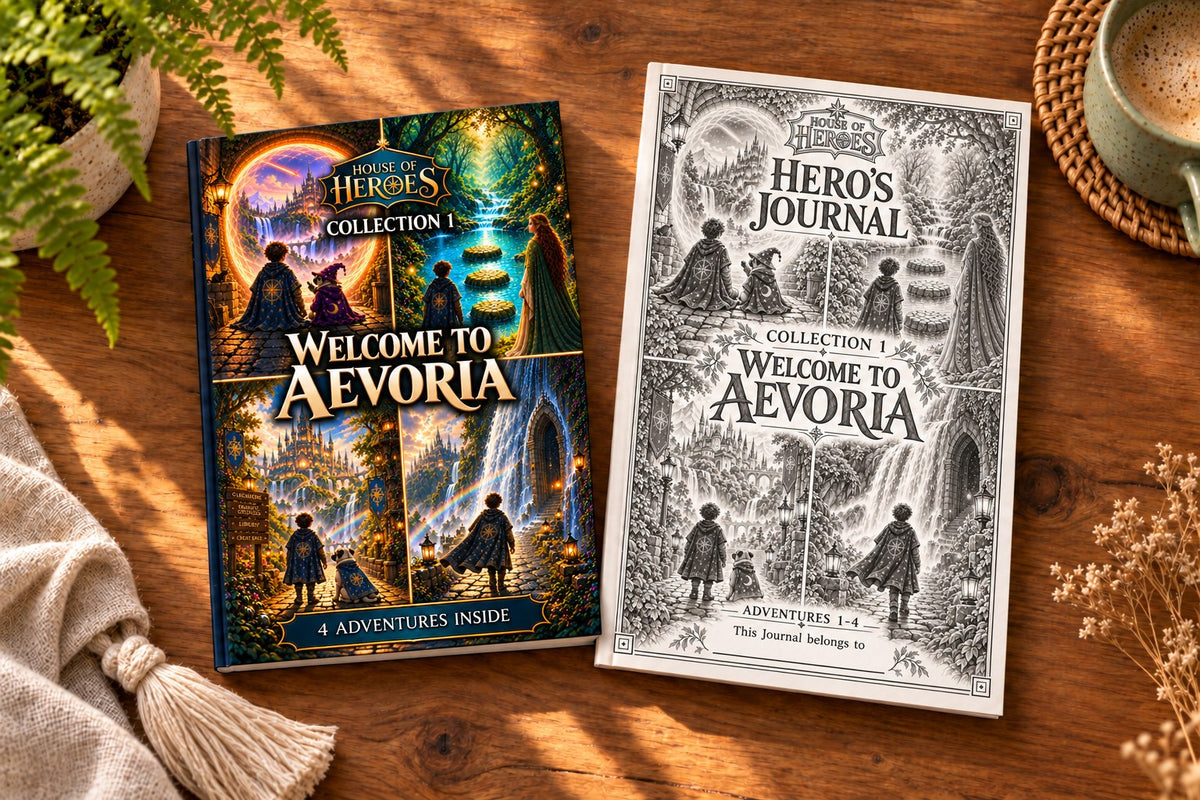 The Collection 1 book, Welcome to Aevoria, beside its Hero’s Journal on a sunlit wooden table