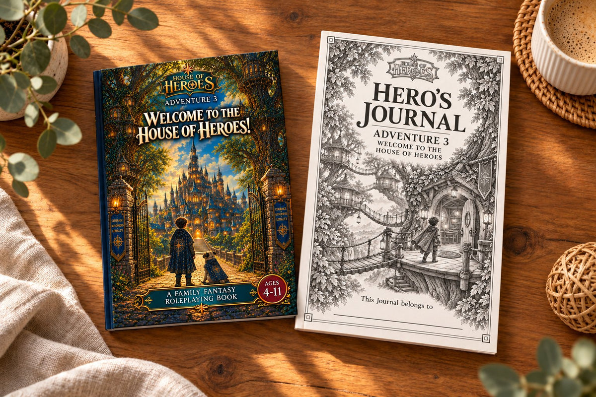 The Adventure 3 book, Welcome to the House of Heroes!, beside its Hero’s Journal on a wooden table