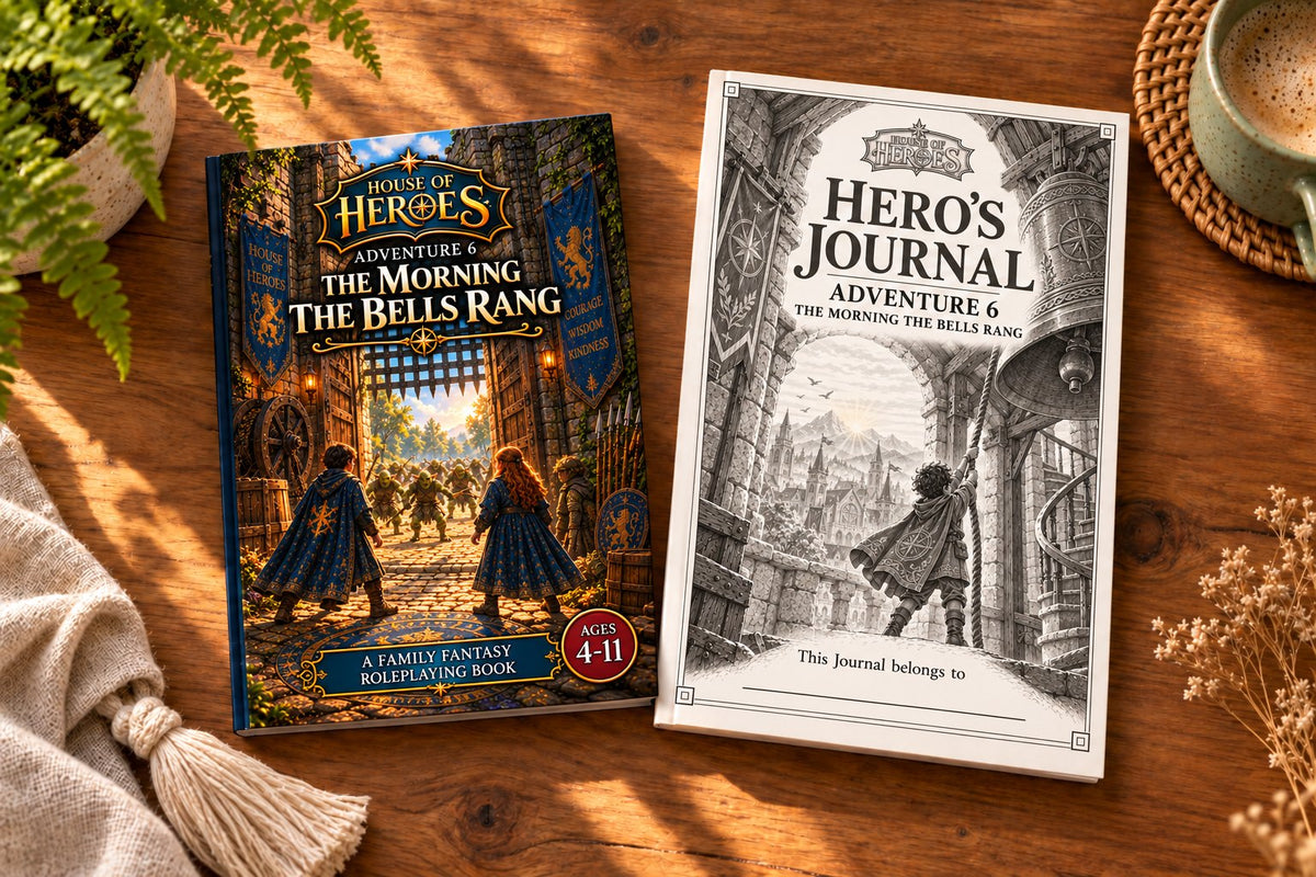 The Adventure 6 book, The Morning the Bells Rang, beside its Hero’s Journal on a wooden table