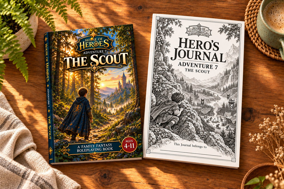 The Adventure 7 book, The Scout, beside its Hero’s Journal on a wooden table