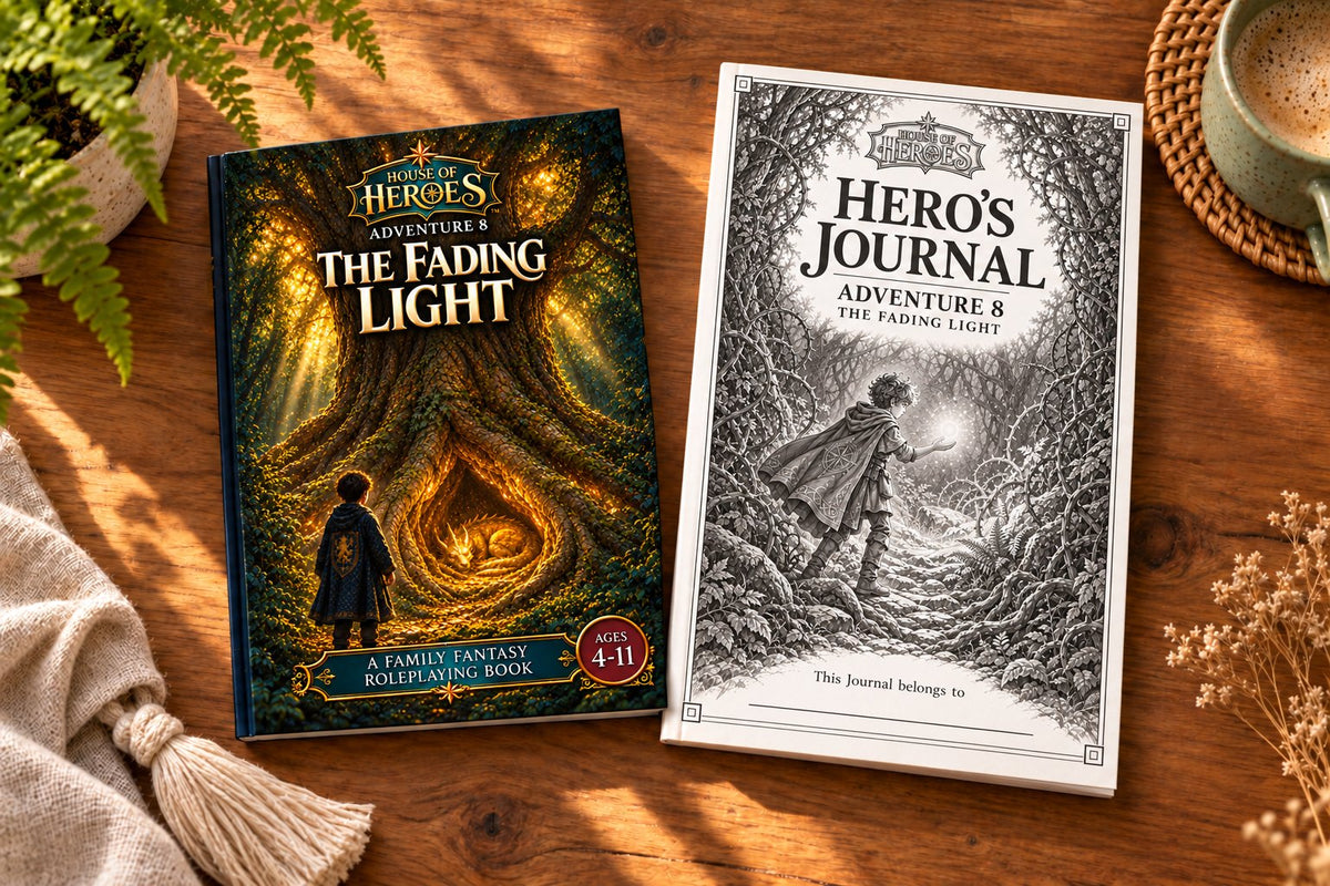 The Adventure 8 book, The Fading Light, beside its Hero’s Journal on a wooden table