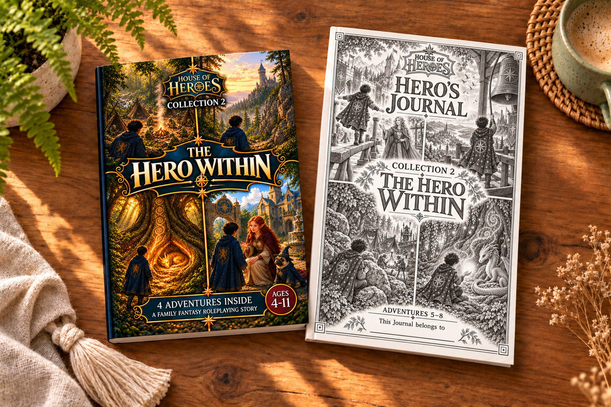 The Collection 2 book, The Hero Within, beside its Hero’s Journal on a sunlit wooden table