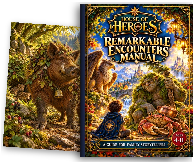 The Remarkable Encounters Manual beside an inside illustration of a creature from the book