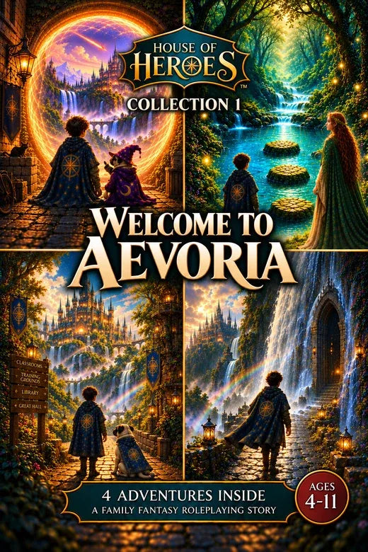 Cover of the Collection 1 book, Welcome to Aevoria, with four Adventure scenes