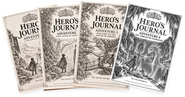 The four Hero’s Journals for Adventures 1 to 4 fanned out