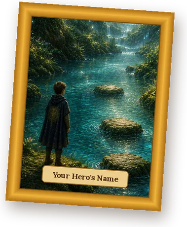 A framed House of Heroes artwork of the Hero seen from behind at the river of stepping stones, with a name plaque
