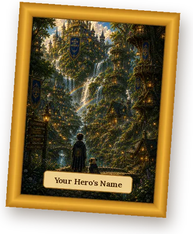A framed House of Heroes artwork of the Hero and Chester before the waterfalls and treehouses of the school, with a name plaque