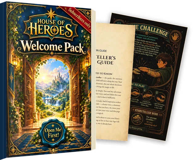 The Welcome Pack booklet with its Open Me First! seal, beside two inside pages: the Storyteller’s Quick Guide and The Challenge