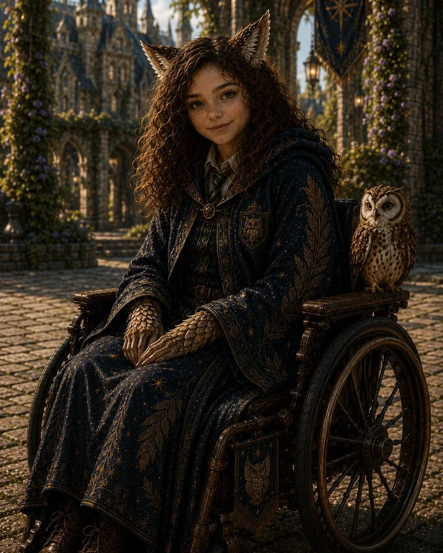 Eli, a smiling girl with curly hair and owl ears, sits in an ornate wheelchair in the school courtyard with her owl Sam perched beside her