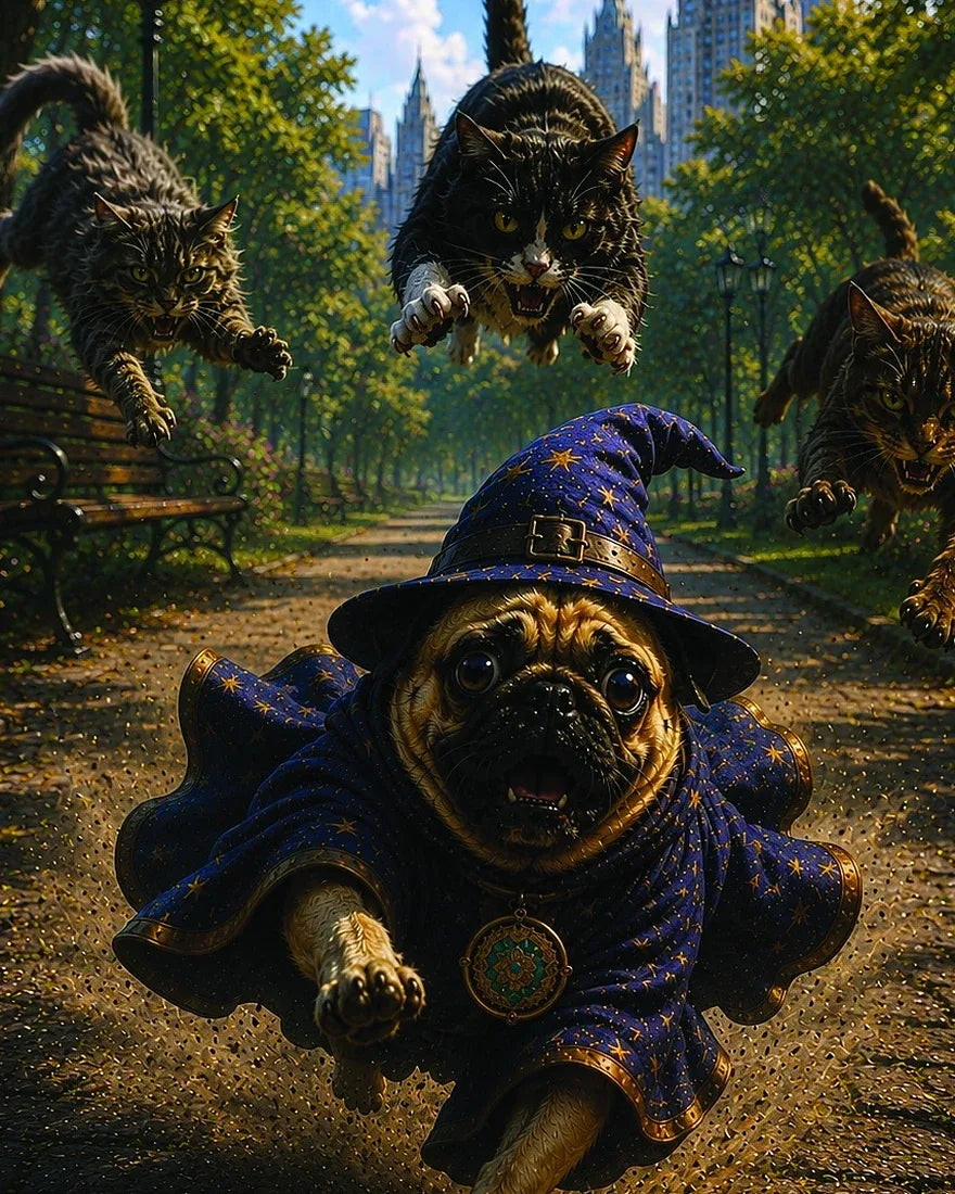 Chester races down a park path in his starry robe as three cats pounce after him