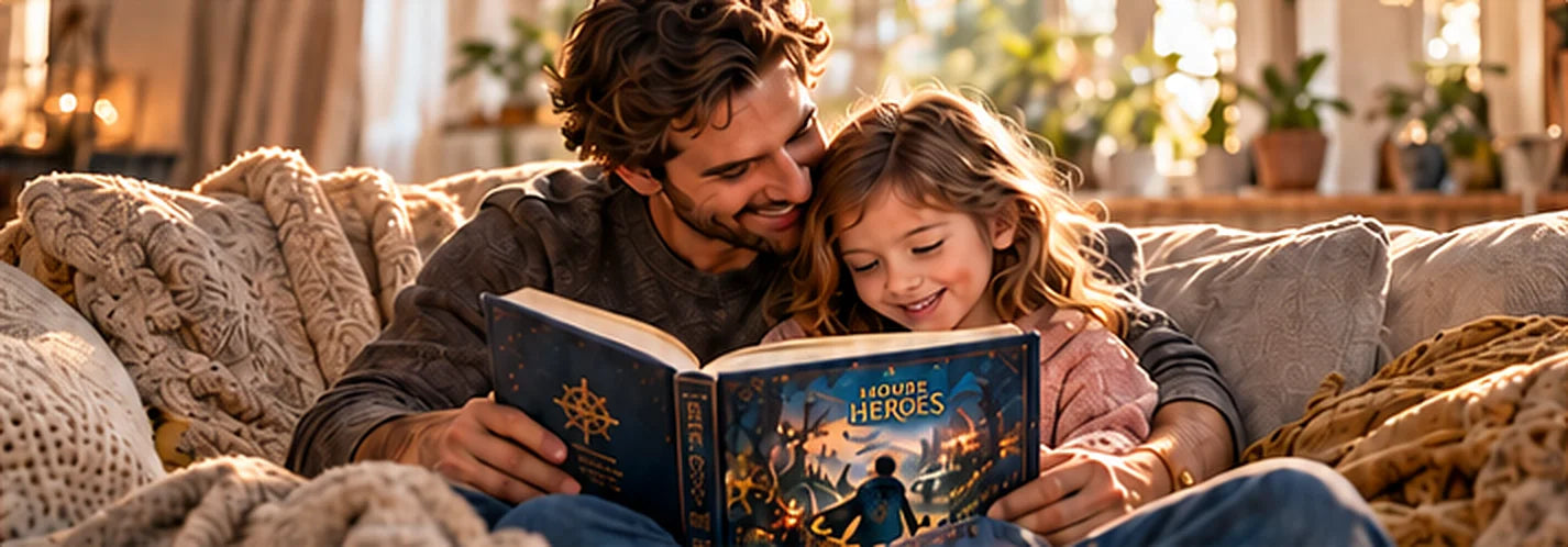 A father and daughter smiling as they read a House of Heroes book together on the sofa