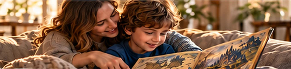 A mother and son pointing at a map inside an open storybook