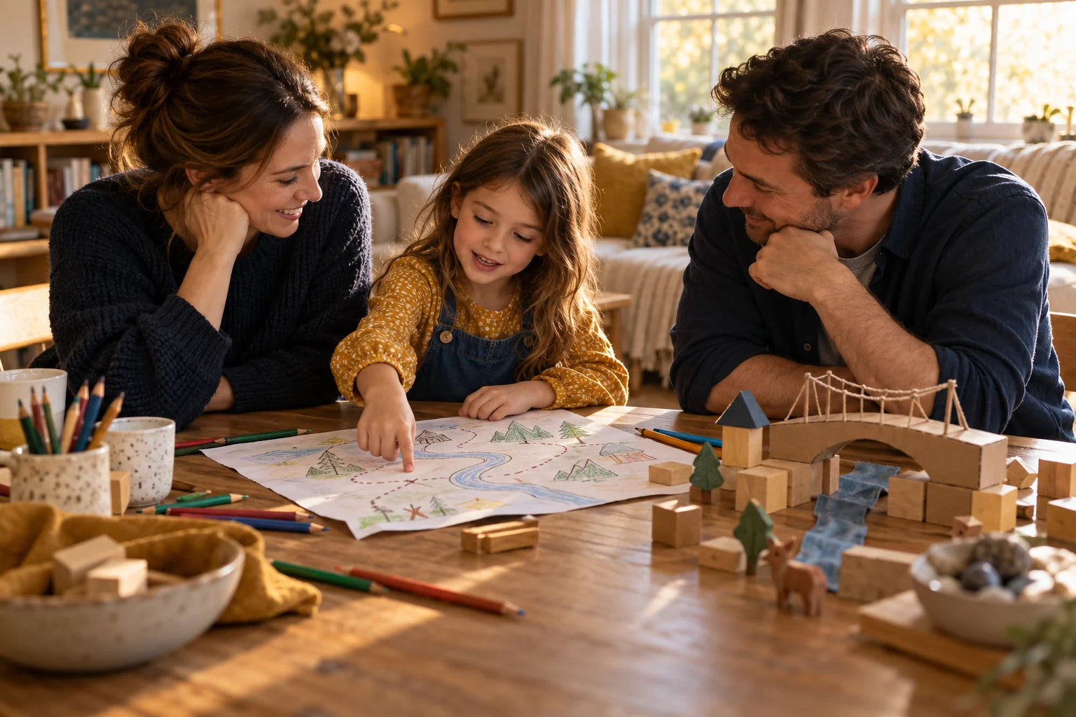 Parents and their child inventing a family adventure with a paper map and wooden blocks.