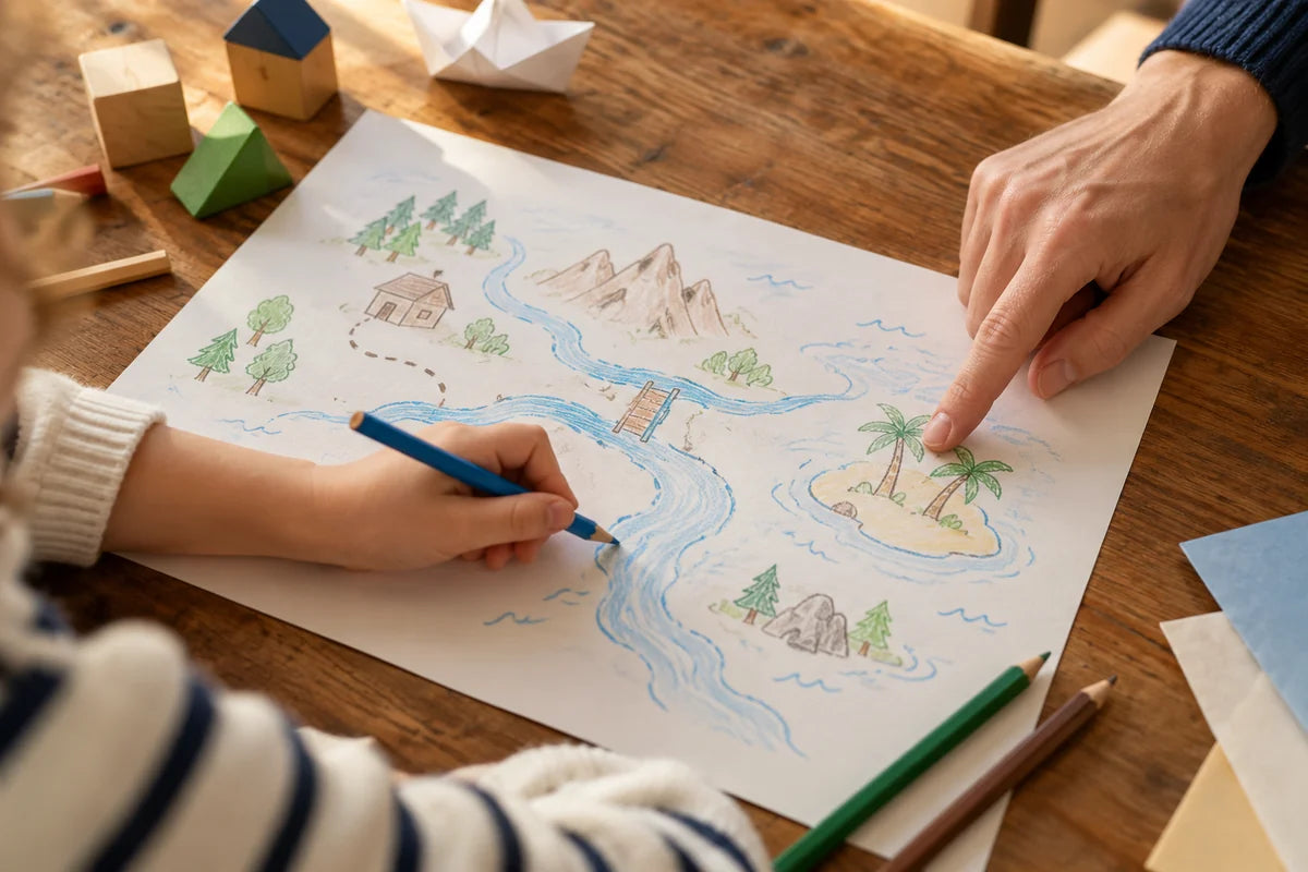 A child drawing a blue river on a paper adventure map while an adult points to an island.