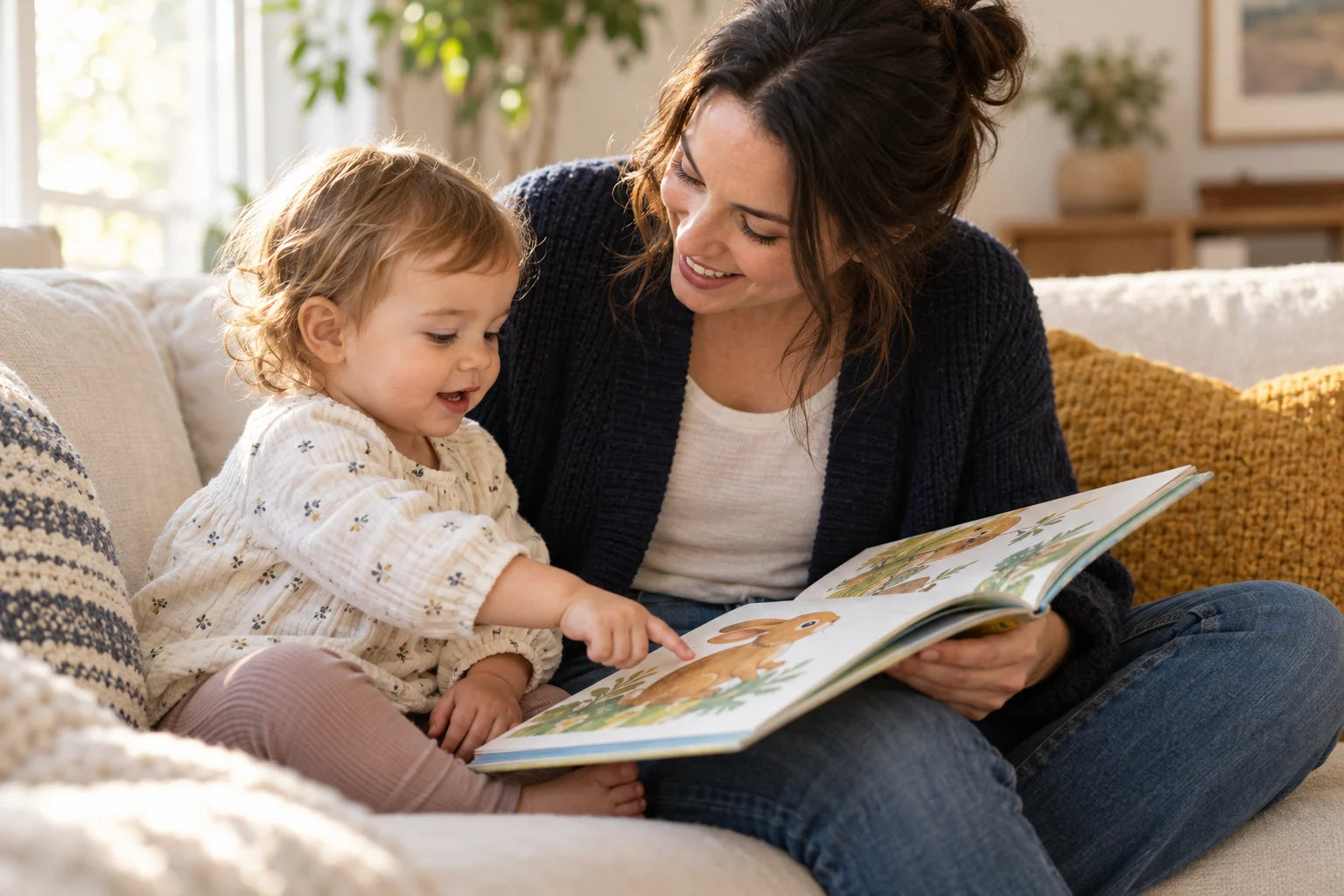 A mother and toddler sharing a picture book, with the toddler pointing at an animal illustration.