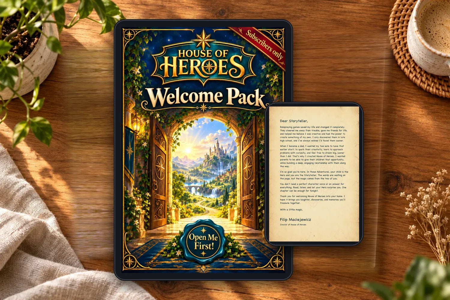 The Welcome Pack cover on a tablet, with the letter from Filip on a phone