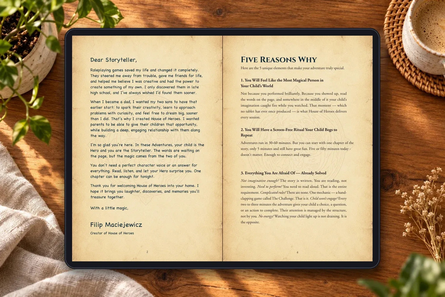 The welcome letter and Five Reasons Why pages