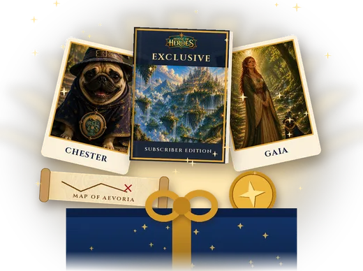 An exclusive Subscriber Edition book, Chester and Gaia art cards, a map of Aevoria and a gold coin rising from a glowing navy gift box with a gold bow