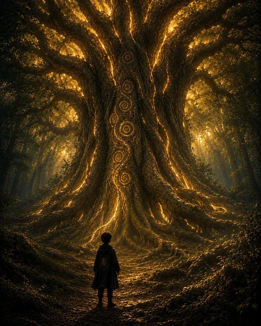 The Hero in a starry cloak stands before an enormous ancient tree glowing with golden spirals of light