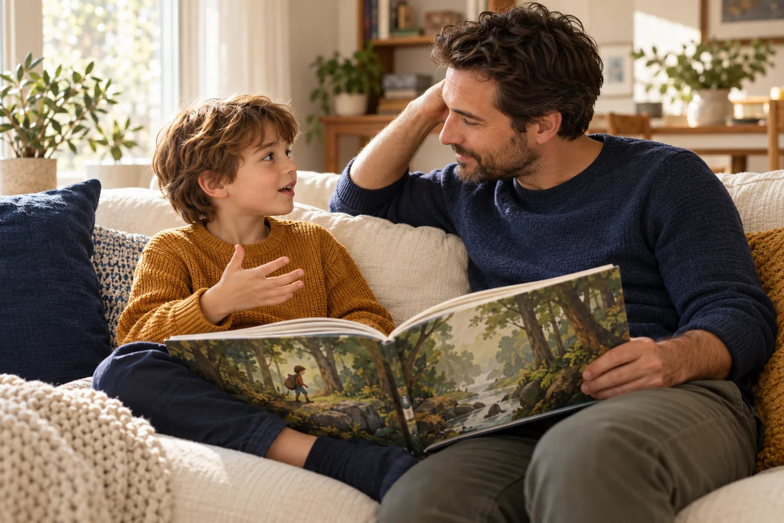 A parent and child on a sofa sharing a large illustrated storybook while the child explains an idea.
