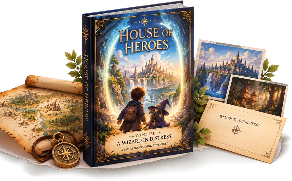 Adventure Collection book with a map, compass, art cards and a welcome letter