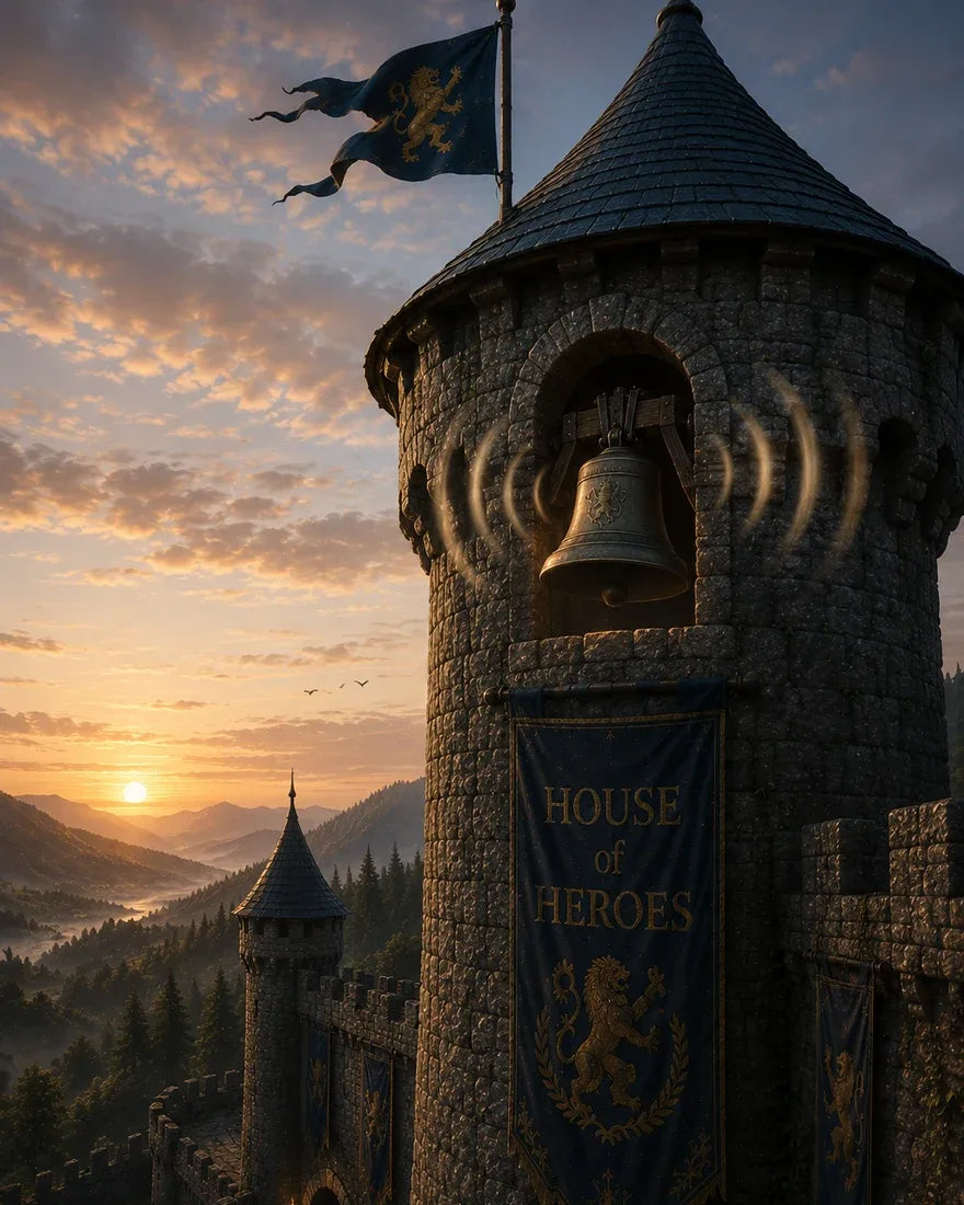 The great bell rings out from the House of Heroes watchtower as the sun rises over the valley