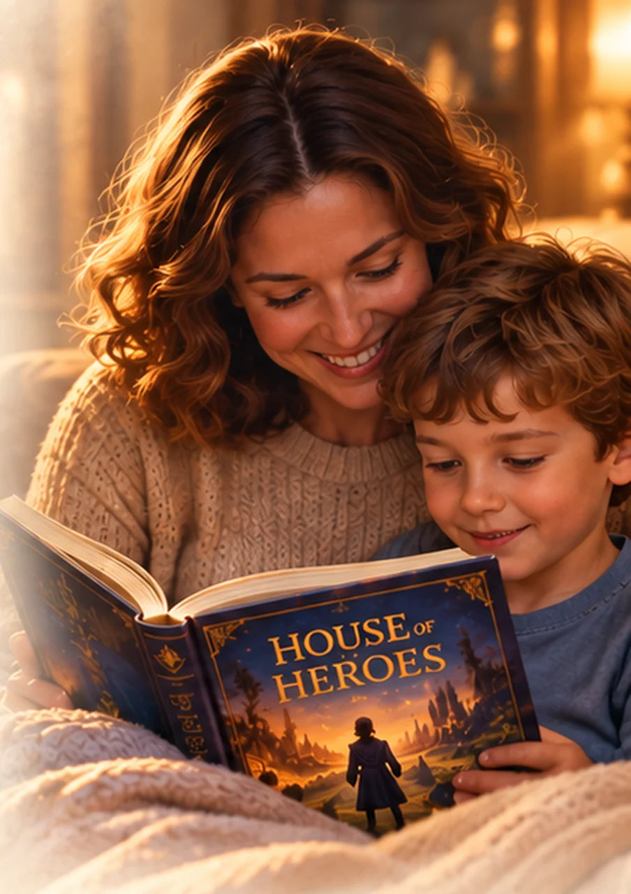 A parent and child reading a House of Heroes book together