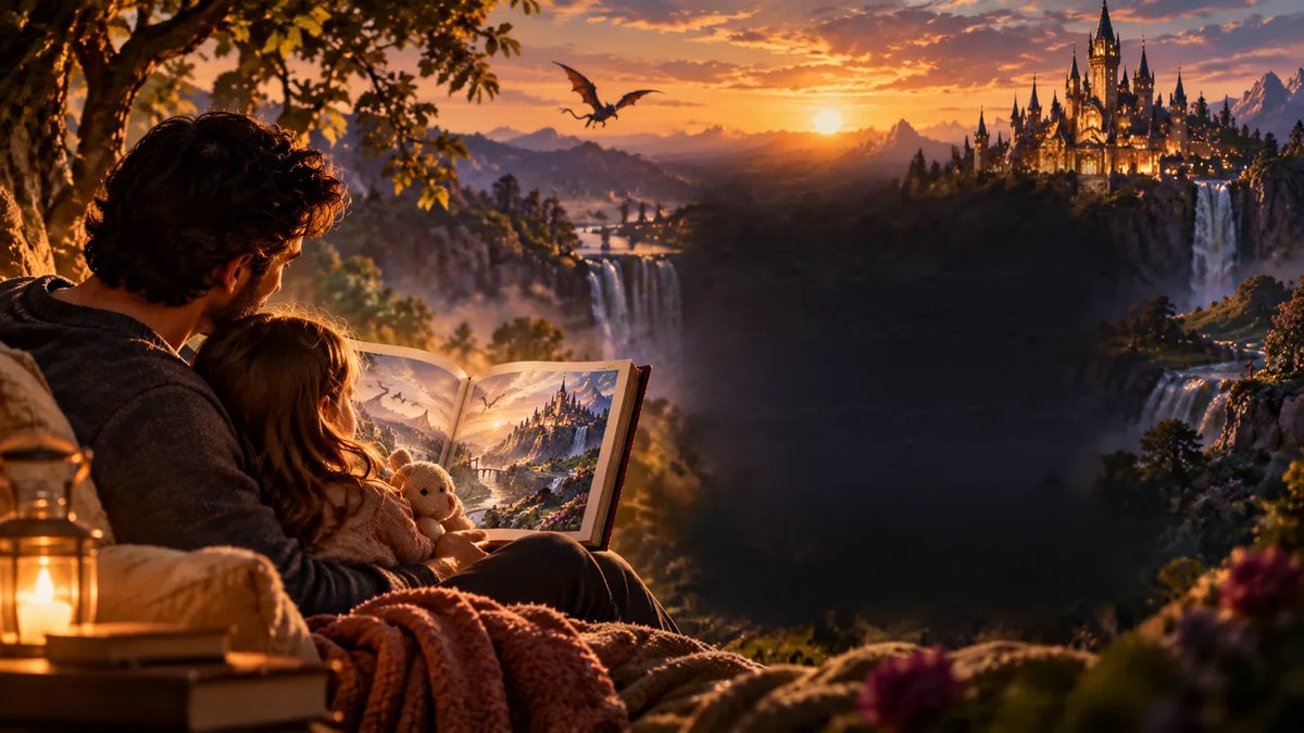 A parent and child curled up together reading an Adventure Book at sunset, with the castle, waterfalls and mountains of Aevoria stretching out beyond them