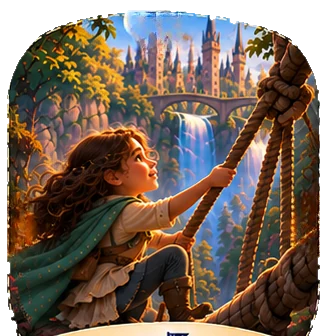 The Hero climbing a rope bridge beside a waterfall