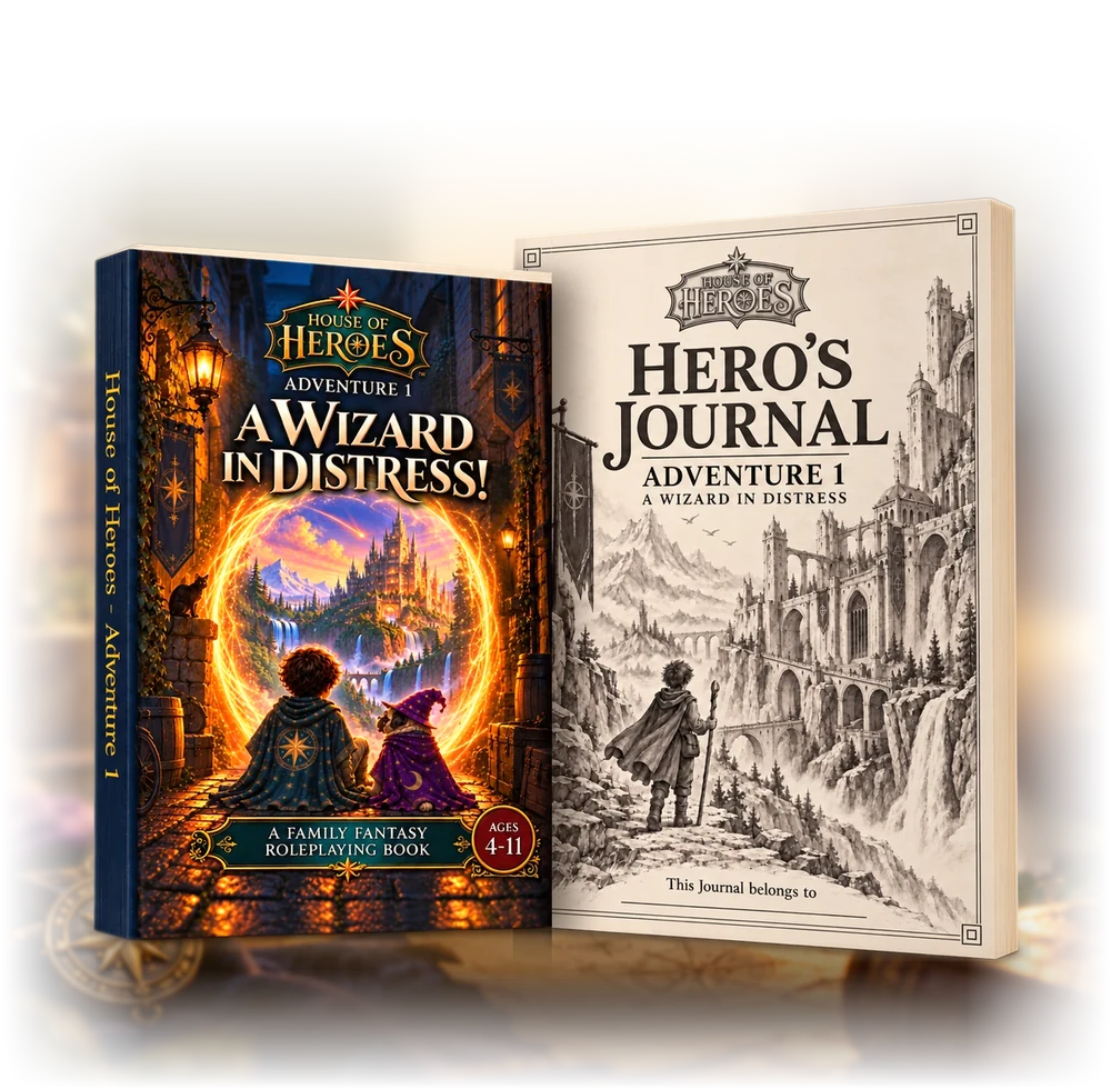 The Adventure 1 book, A Wizard in Distress!, standing beside its Hero’s Journal on a lantern-lit wooden table